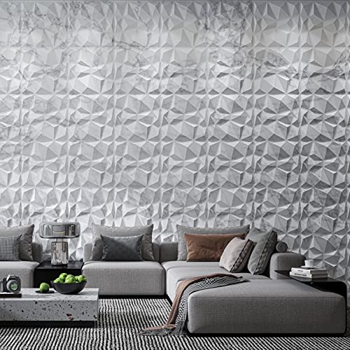 Art3d Textures 3D Wall Panels Glossy White Marble Diamond Design for Interior Wall Decor Pack of 12 Tiles 32 Sq Ft (PVC) MEGA