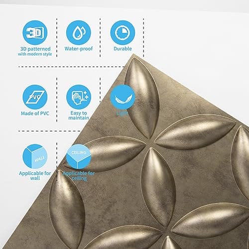Art3d Texture 3D Wall Panels, PVC Wall Panels for Interior Wall Decor Pack of 12 Tiles 32 Sq Ft, Antique Gold, 19.7"x19.7" MEGA