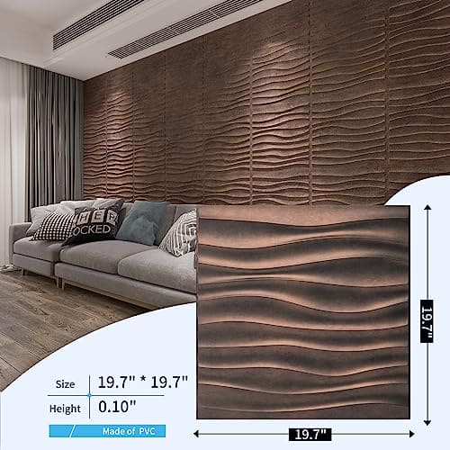 Art3d PVC Wave Panels for Interior Wall Decor, Antique Copper Textured 3D Wall Tiles, 19.7" x 19.7" (12-Pack) MEGA