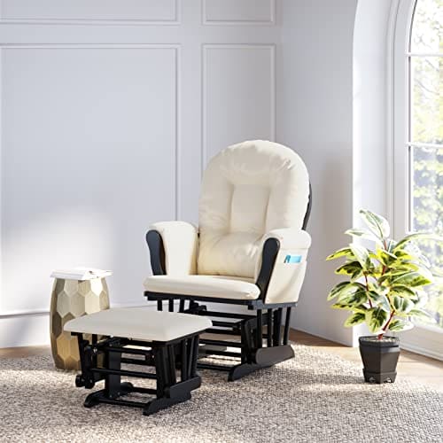 Storkcraft Premium Hoop Glider and Ottoman (Black Base, Beige Cushion) – Padded Cushions with Storage Pocket, Smooth Rocking Motion, Easy to Assemble, Solid Hardwood Base ebuys