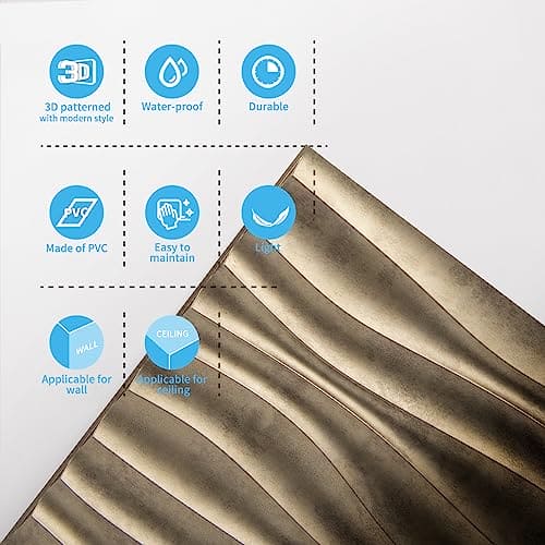 Art3d PVC Wave Panels for Interior Wall Decor, Antique Gold Textured 3D Wall Tiles, 19.7" x 19.7" (12-Pack) MEGA