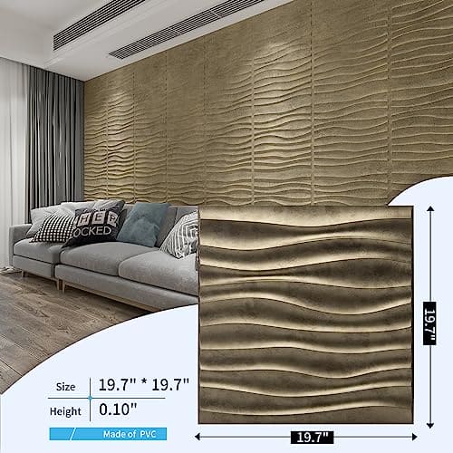Art3d PVC Wave Panels for Interior Wall Decor, Antique Gold Textured 3D Wall Tiles, 19.7" x 19.7" (12-Pack) MEGA