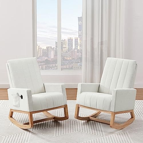 VECELO Rocking Chair, Upholstered Glider Rocker for Nursery Comfy Armchair with Safe Solid Wood Base/USB Port/Side Pocket for Living Room Bedroom Balcony Home Office, Off-White ebuys