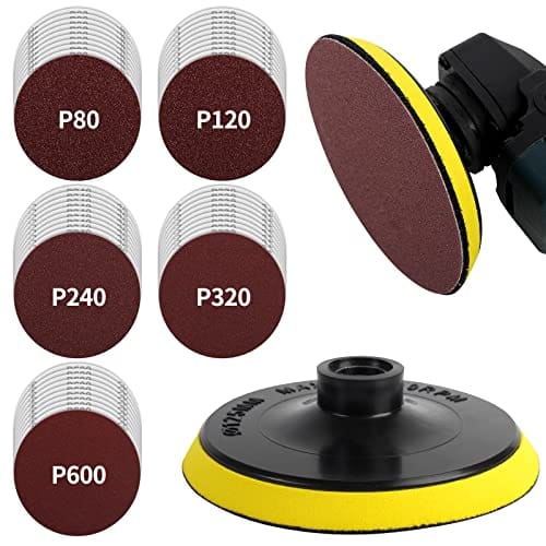 Pomsare 5 Inch Hook and Loop Backing Pad with 50PCS Sanding Discs, Angle Grinder Attachments with 5/8-11 Threads, Sanding Pad for Wood Sanding Buffing Polishing(80/120/240/320/600 Grit) ebuystt
