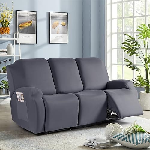 TAOCOCO Recliner Sofa Slipcover, 3 Pieces Polyester Fabric Stretch Sofa Covers for 3 Seat Reclining Couch, Soft Washable Furniture Protector with Pockets (3 Seat, Light Gray) ebuys
