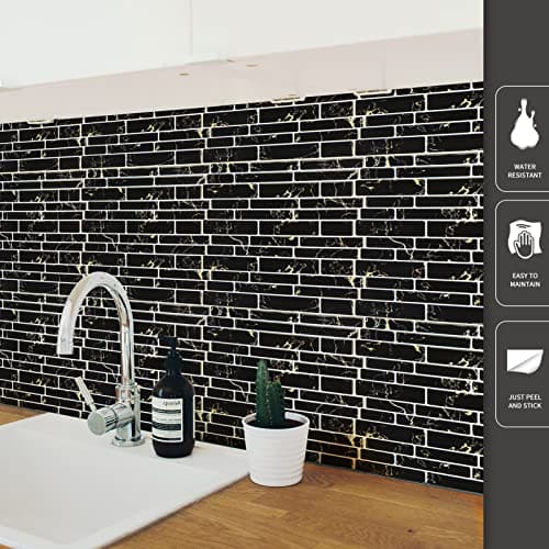 Art3d 10-Sheet Peel and Stick Backsplash, 12 in. x 12in. Black Marble Design MEGA