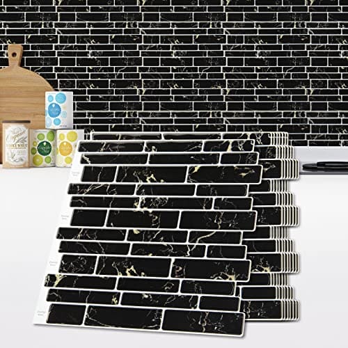 Art3d 10-Sheet Peel and Stick Backsplash, 12 in. x 12in. Black Marble Design MEGA