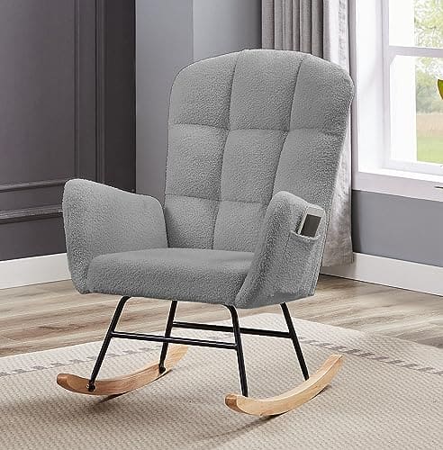 Hansones Nursery Rocking Chair, Upholstered Glider Chair with High Backrest Armchair Chair for Living Room Bedroom Offices (Grey Teddy) ebuys
