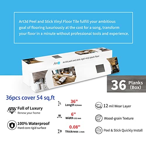 Art3d Peel and Stick Floor Tile Vinyl Wood Plank 36-Pack 54 Sq.Ft, Deep Gray, Rigid Surface Hard Core Easy DIY Self-Adhesive Flooring Mega