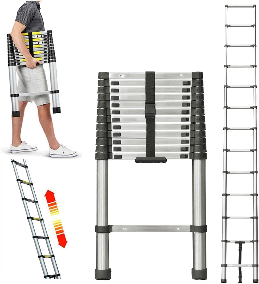 Dayplus 12.5FT/3.8M Stainless Steel Telescopic Ladder Foldable Telescoping Extension Ladder Loft Ladder 330lb Load