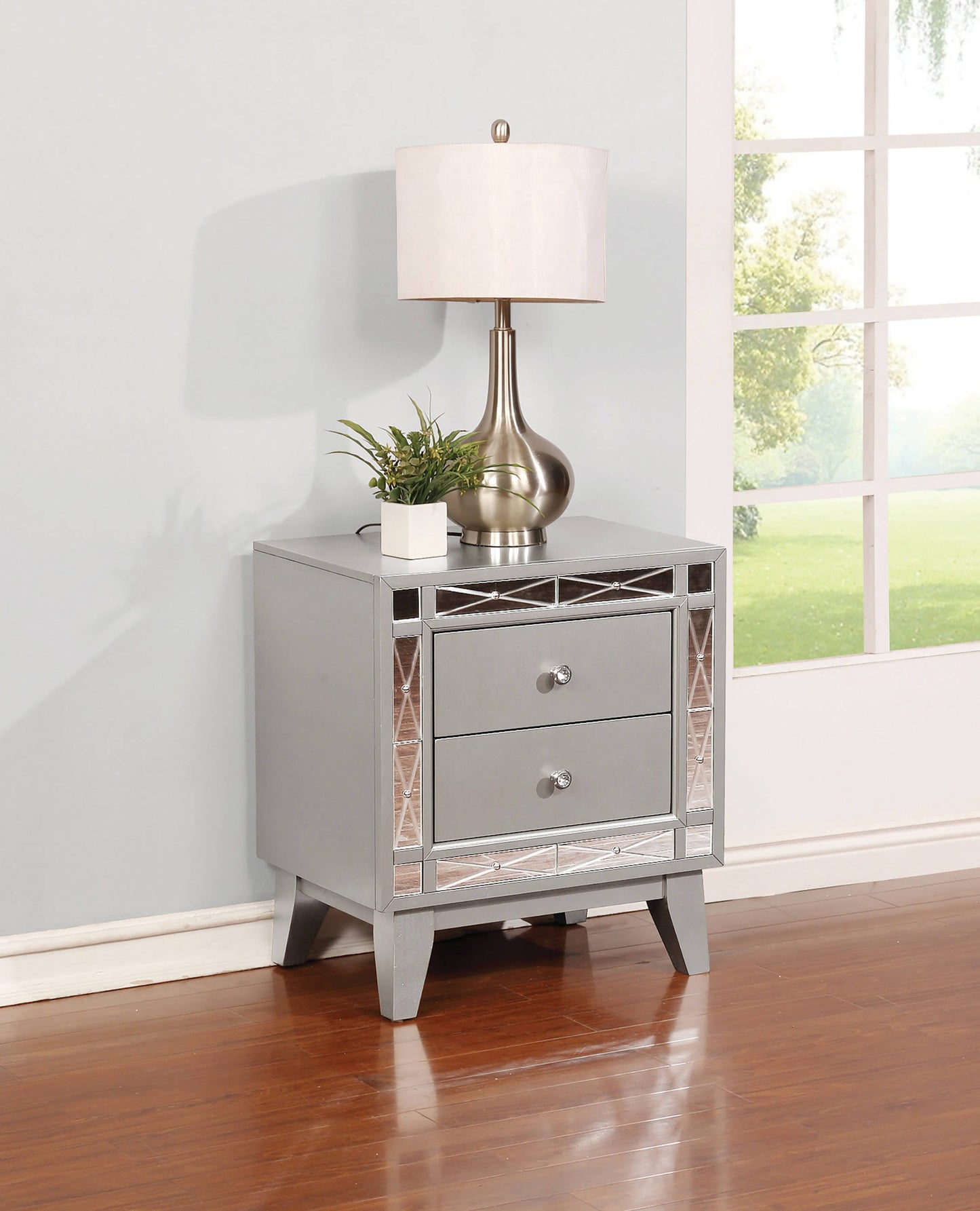 Leighton 2-Drawer Nightstand Metallic Mercury Collection: This 2-Drawer Nightstand Is Great For A Stylish Bedroom, This Transitional Two-Drawer Night Stand Is Full Of Chic Details. Leighton SKU: 204922 coastmega