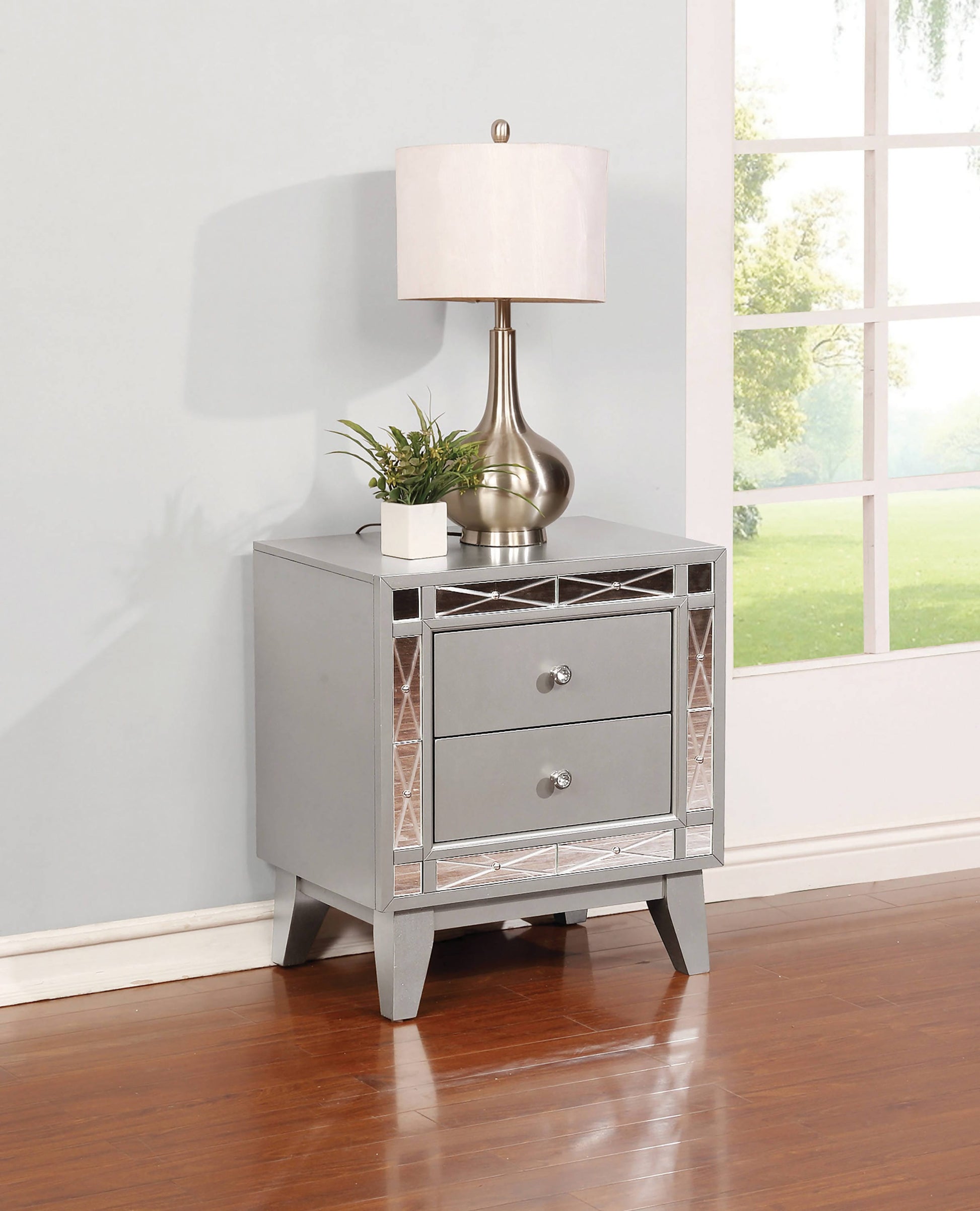 Leighton 2-Drawer Nightstand Metallic Mercury Collection: This 2-Drawer Nightstand Is Great For A Stylish Bedroom, This Transitional Two-Drawer Night Stand Is Full Of Chic Details. Leighton SKU: 204922 coastmega