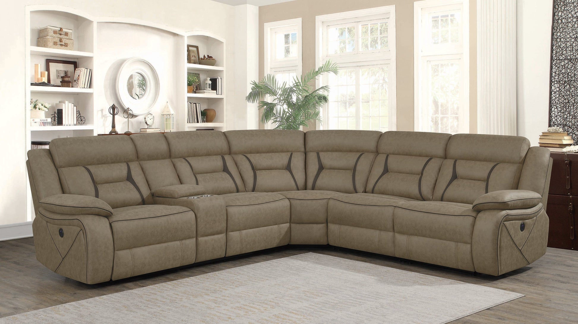 Higgins Four-Piece Upholstered Power Sectional Tan Collection: Higgins SKU: 600380 coastmega