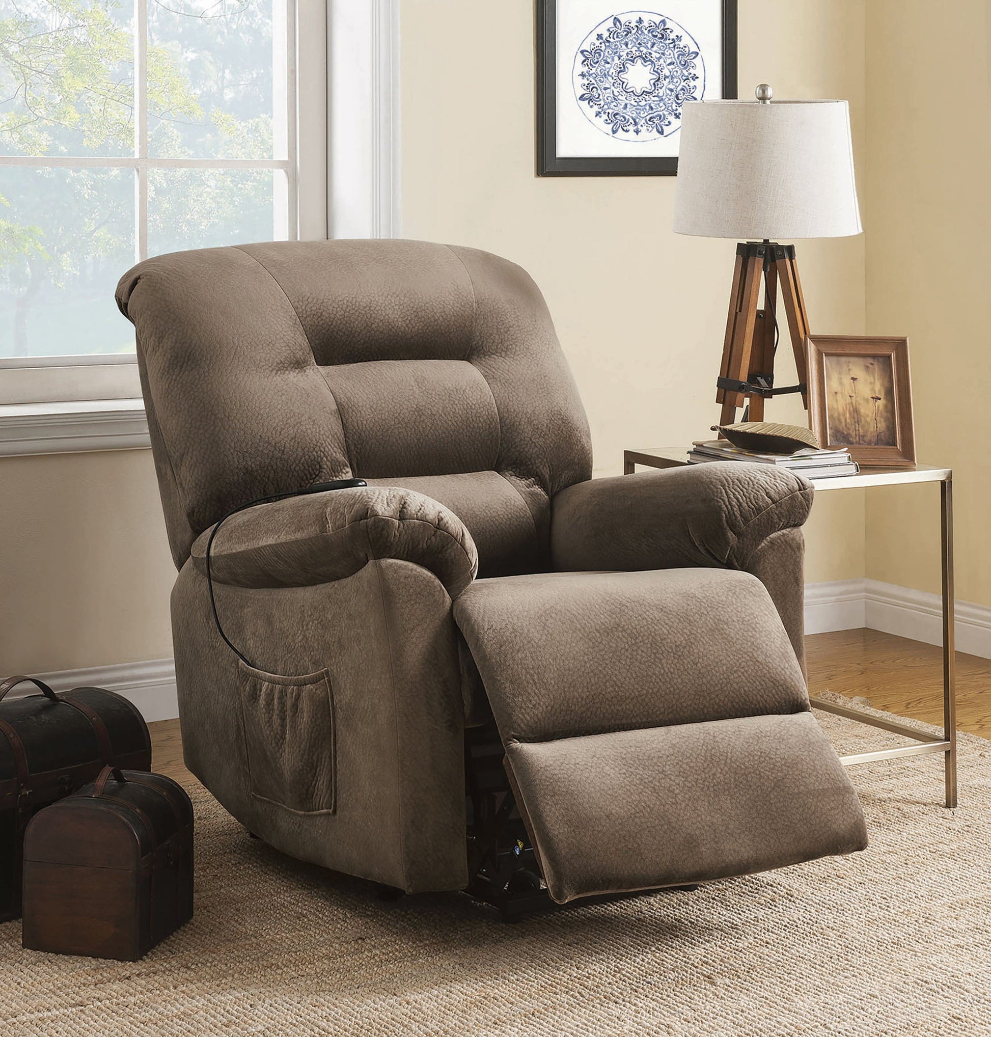 Upholstered Power Lift Recliner Brown Sugar SKU: 601025 coastmega