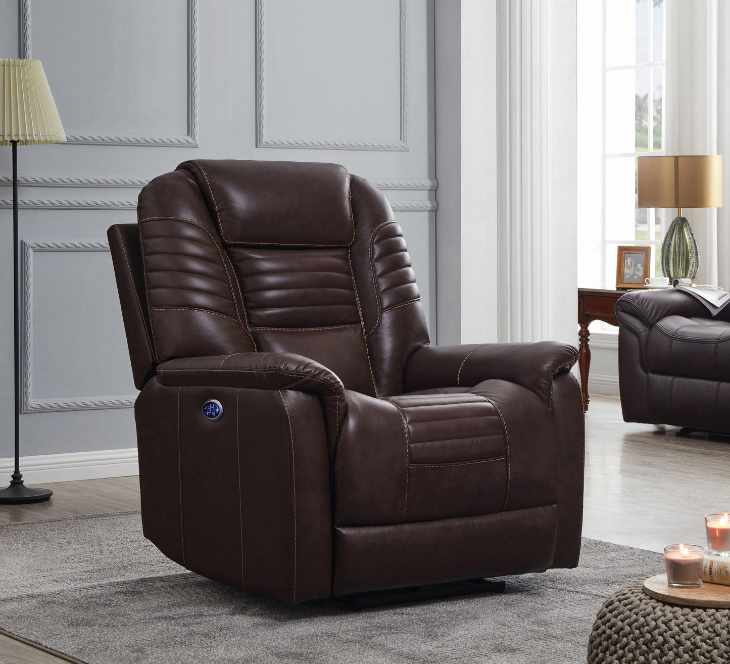 Upholstered Power^3 Recliner With Power Headrest Brown SKU: 608961PPP coastmega