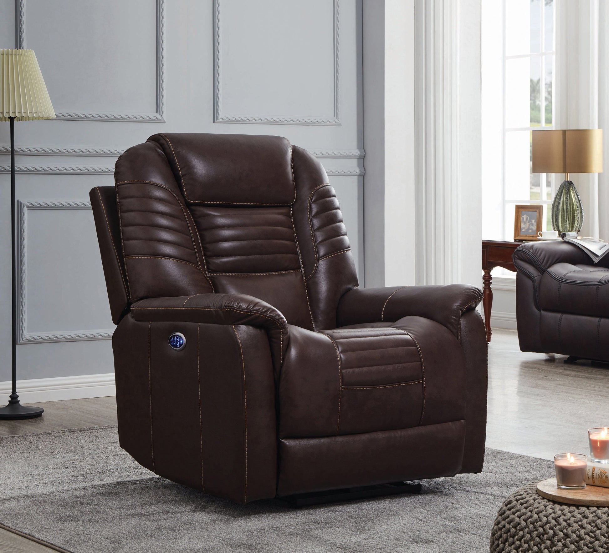 Upholstered Power^3 Recliner With Power Headrest Brown SKU: 608961PPP coastmega