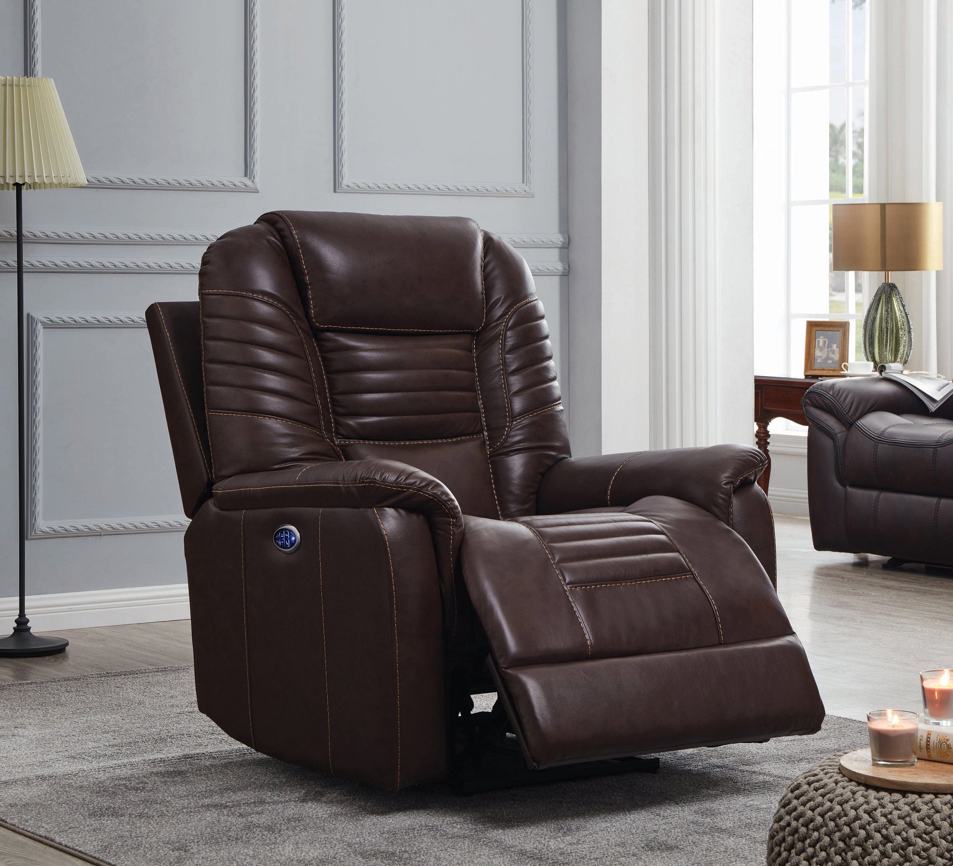Upholstered Power^3 Recliner With Power Headrest Brown SKU: 608961PPP coastmega
