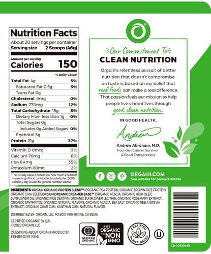 Orgain Plant Based Protein Powder 2.02 lb / 920 g This organic plant-based protein powder serves up 21g of vegan protein and only 150 calories in every serving. Fuel your body with clean-426638 Hannah's Variety Store