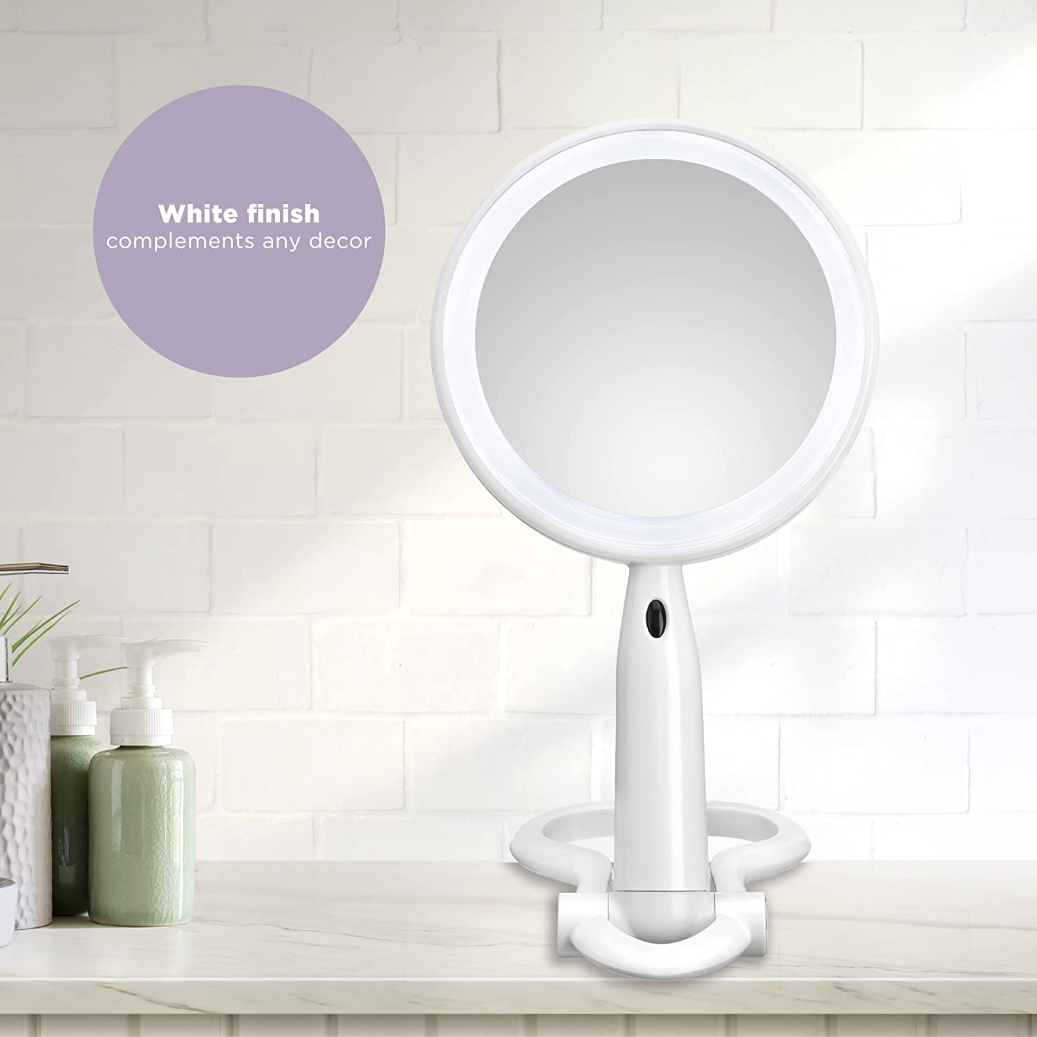 Conair Plastic Double-Sided Lighted Makeup Mirror - Lighted Vanity Makeup Mirror with LED Lights; 1x/3x magnification; White; compact - great for travel - BE52LED-2P