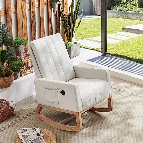 VECELO Rocking Chair, Upholstered Glider Rocker for Nursery Comfy Armchair with Safe Solid Wood Base/USB Port/Side Pocket for Living Room Bedroom Balcony Home Office, Off-White ebuys