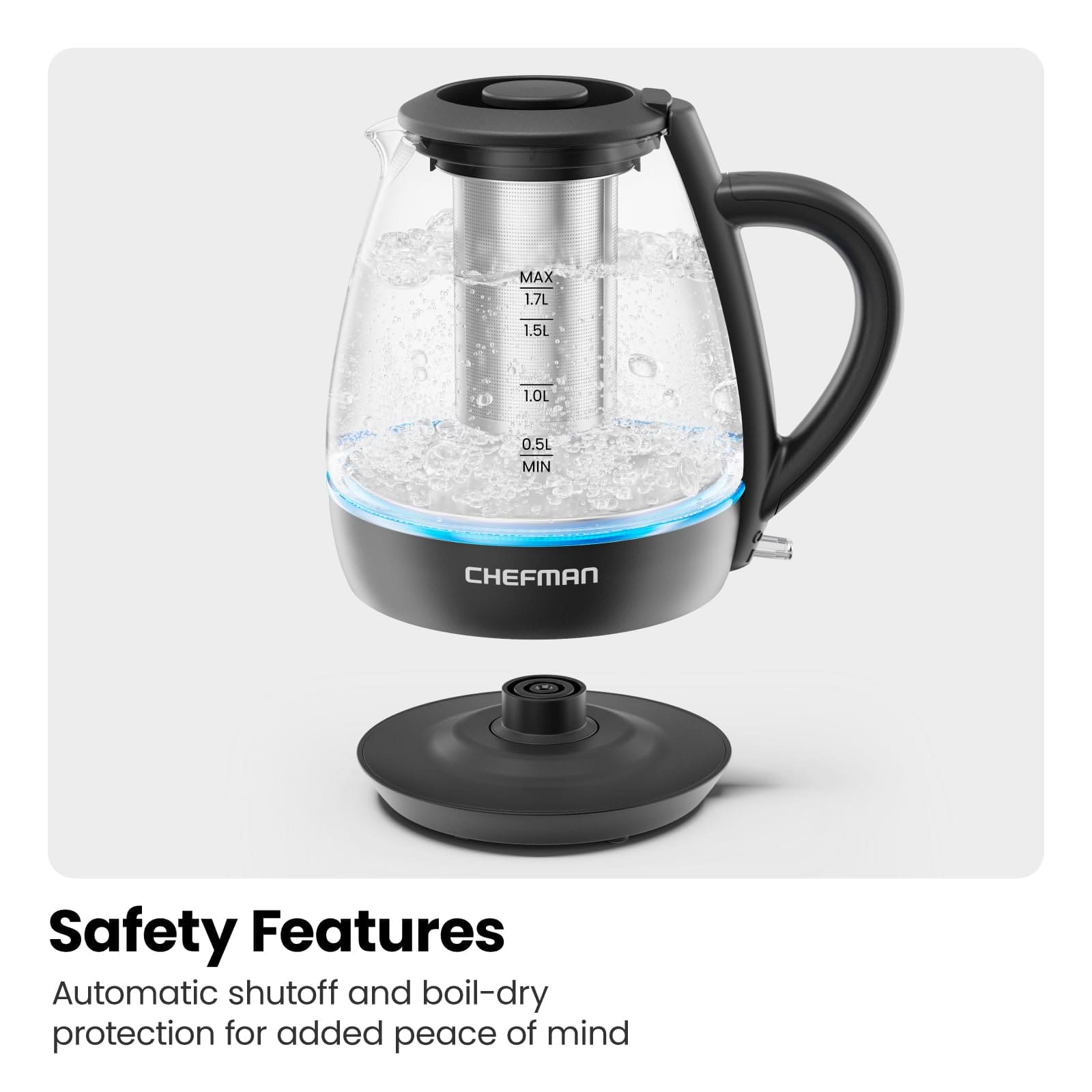 Chefman Electric Kettle with Tea Infuser, 1.7L 1500W, Removable Lid for Easy Cleaning, Boil-Dry Protection, Stainless Steel Filter, BPA Free, Auto Shut Off Hot Water Boiler, Glass Electric Tea Kettle EBUYSTT