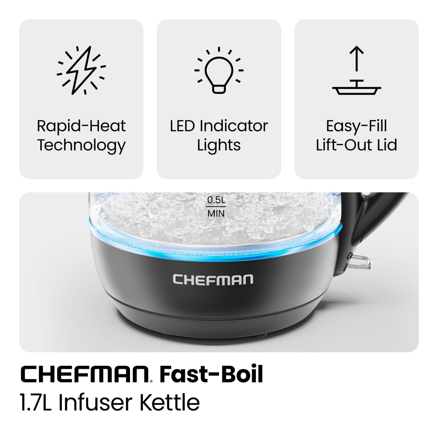 Chefman Electric Kettle with Tea Infuser, 1.7L 1500W, Removable Lid for Easy Cleaning, Boil-Dry Protection, Stainless Steel Filter, BPA Free, Auto Shut Off Hot Water Boiler, Glass Electric Tea Kettle EBUYSTT