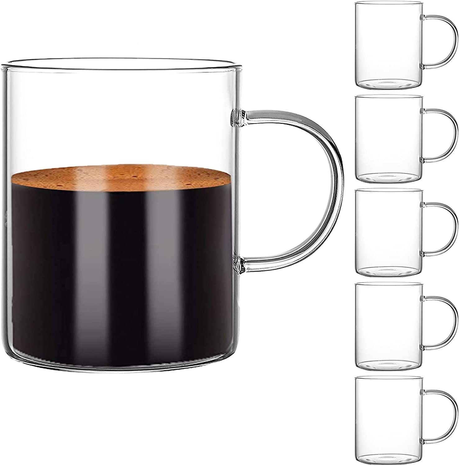 Glass Coffee Mugs Set of 6, Aoeoe 15 oz Large Coffee Mug, Wide Mouth Glass Mugs, Mocha Hot Beverage Mugs, Clear Espresso Cups with Handle, Glass Cup for Hot or Cold Latte, Cappuccino, Tea, Juice, Beer - WIL-X002VD5MZ3 Pie's Variety Store