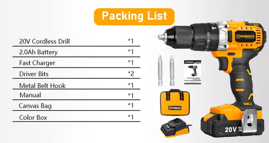 WORKSITE 2-Speed Hammer Drill, 1/2"(13mm), Brushless, Cordless, 20V Lithium-Ion Battery, Reversible Button, Optimized Shape & Rubber Hand Grip for easy Control, Automatic Spindle Lock, Built-in LED Work Light - CD320H Worksite Power Tools
