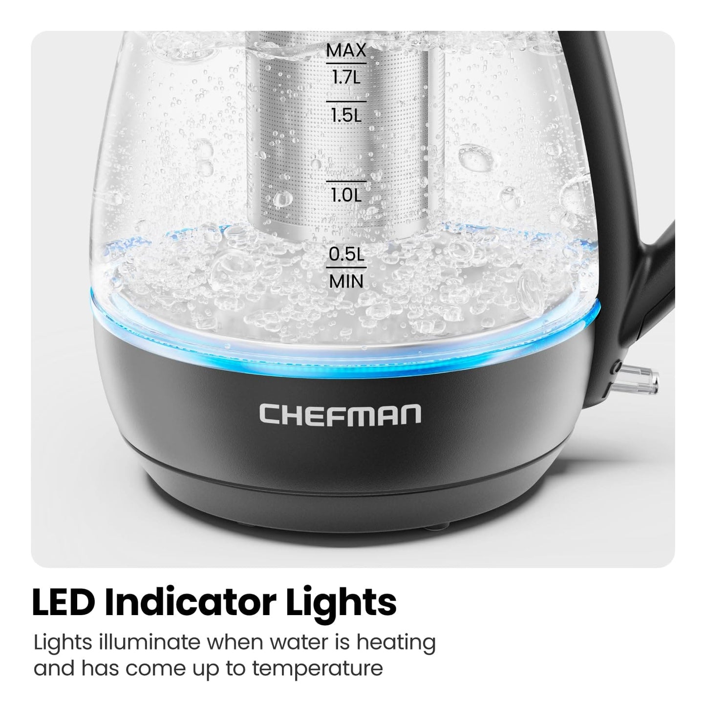 Chefman Electric Kettle with Tea Infuser, 1.7L 1500W, Removable Lid for Easy Cleaning, Boil-Dry Protection, Stainless Steel Filter, BPA Free, Auto Shut Off Hot Water Boiler, Glass Electric Tea Kettle EBUYSTT