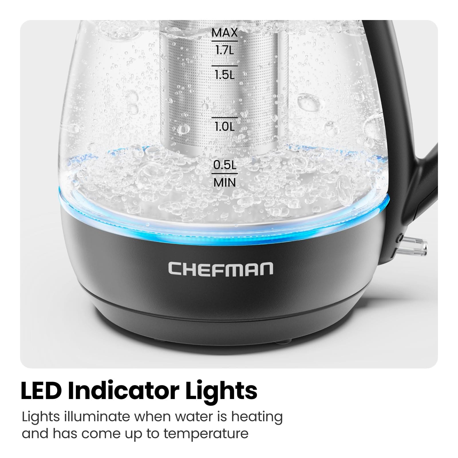 Chefman Electric Kettle with Tea Infuser, 1.7L 1500W, Removable Lid for Easy Cleaning, Boil-Dry Protection, Stainless Steel Filter, BPA Free, Auto Shut Off Hot Water Boiler, Glass Electric Tea Kettle EBUYSTT