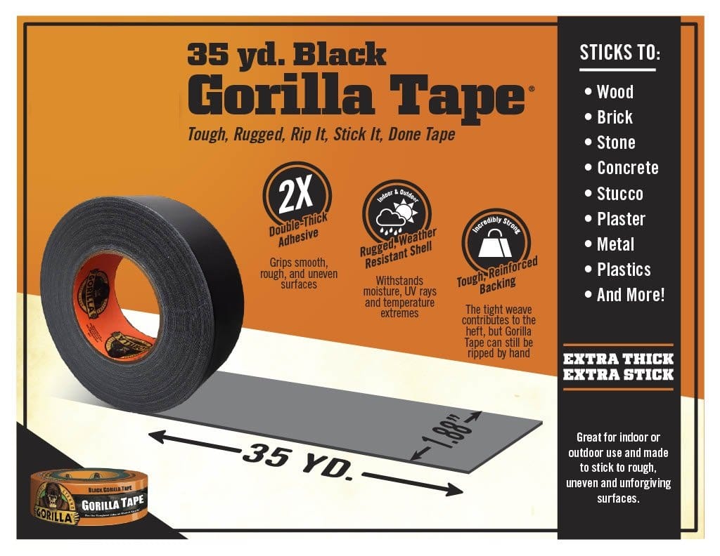 Gorilla Tape Black, Heavy Duty and Double Thick. Ideal for Indoor and Outdoor use and Made to Stick to Rough, Uneven, Unforgiving Surfaces like Wood, Stone, Stucco, Plaster, Brick and More MEGA