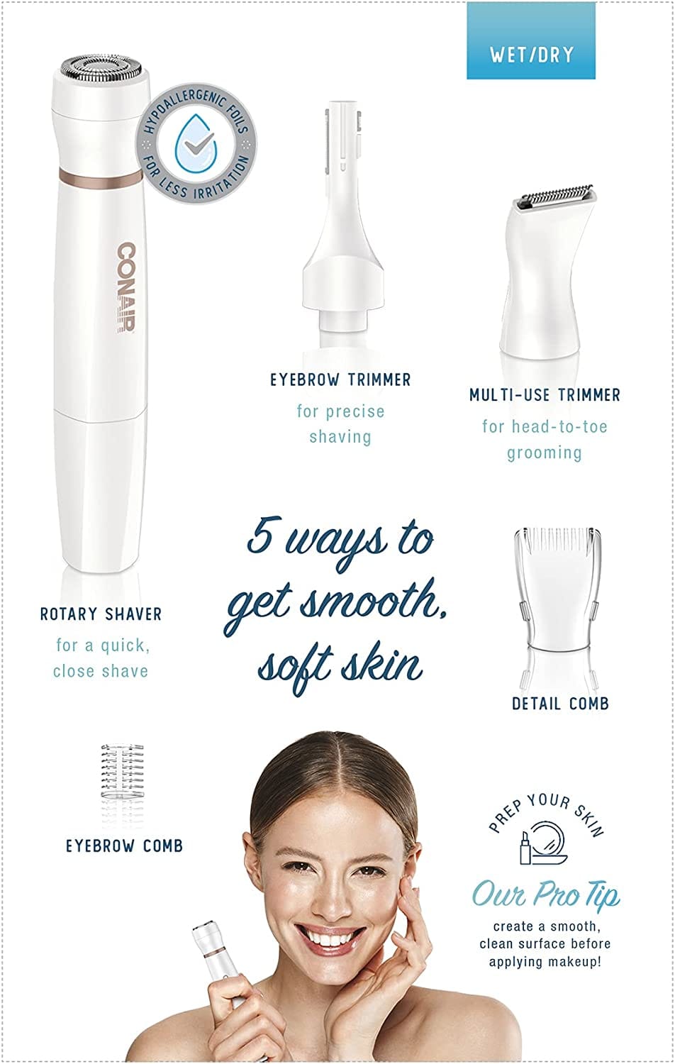 Conair Satiny Smooth All-in-One Facial Trim System, Battery Operated, Use Wet/Dry - LT85R Pie's Variety Store