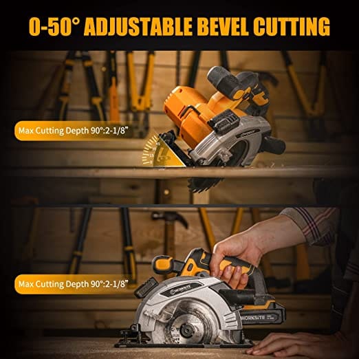Worksite Cordless Circular Saw 20V, 2.0AH Battery and FAST Charger. High-Performance Motor delivers 4000 RPM’s for aggressive cutting. 6-1/2″” Carbide Tooth Blade delivers a 2-1/8′ cutting capacity. - CCS334 Worksite Power Tools
