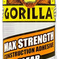 Gorilla Max Strength Clear Construction Adhesive, 9 ounce Cartridge, (Pack of 1) BONDS: Glass, Ceramic, Stone, Tile, Wet Surfaces, Landscaping, Decks, Trim/Molding, Metal, and More!- 8212302 MEGA