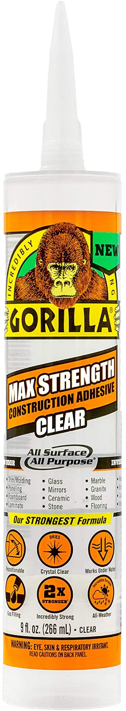 Gorilla Max Strength Clear Construction Adhesive, 9 ounce Cartridge, (Pack of 1) BONDS: Glass, Ceramic, Stone, Tile, Wet Surfaces, Landscaping, Decks, Trim/Molding, Metal, and More!- 8212302