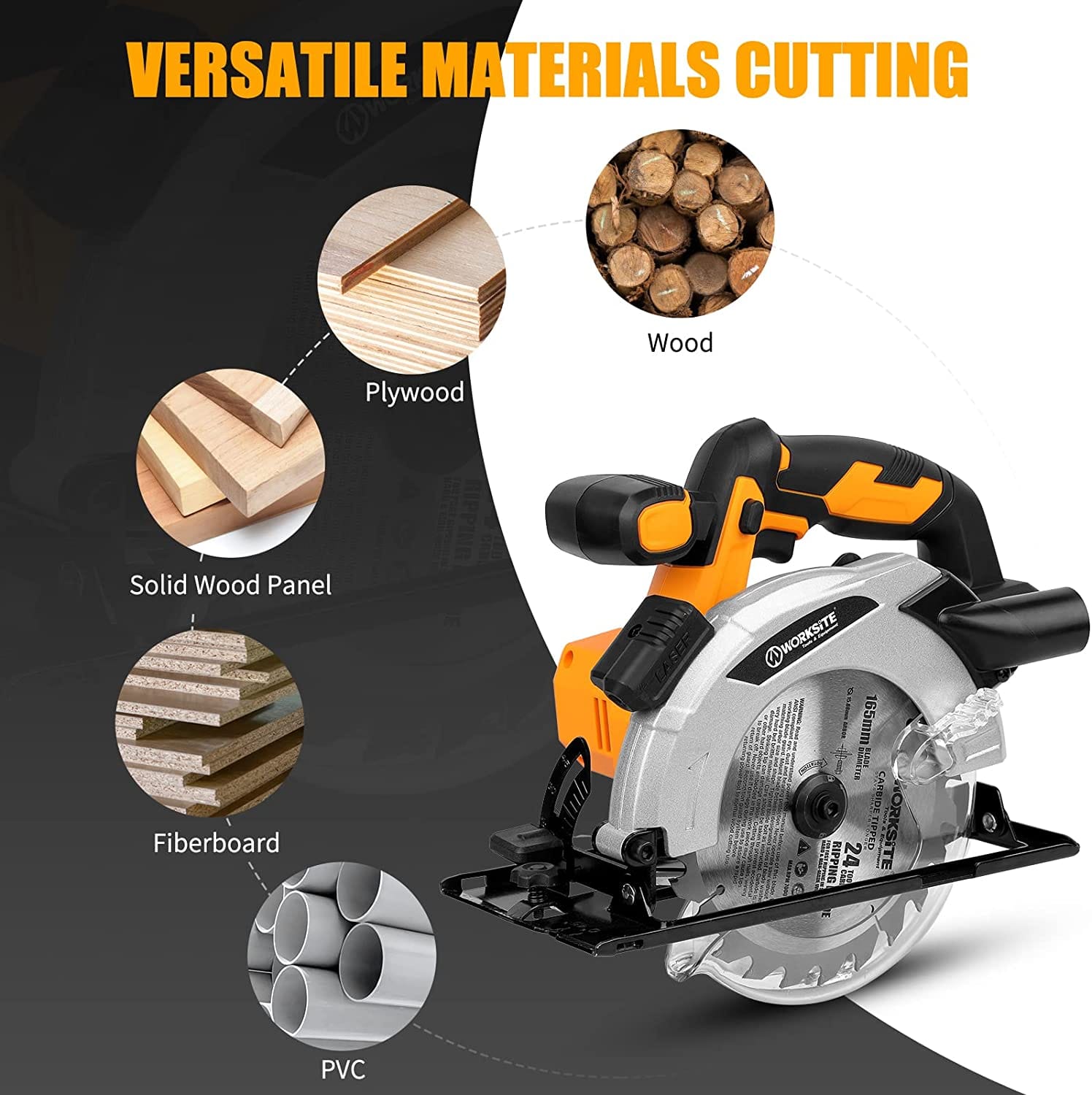 Worksite Cordless Circular Saw 20V, 2.0AH Battery and FAST Charger. High-Performance Motor delivers 4000 RPM’s for aggressive cutting. 6-1/2″” Carbide Tooth Blade delivers a 2-1/8′ cutting capacity. - CCS334 Worksite Power Tools