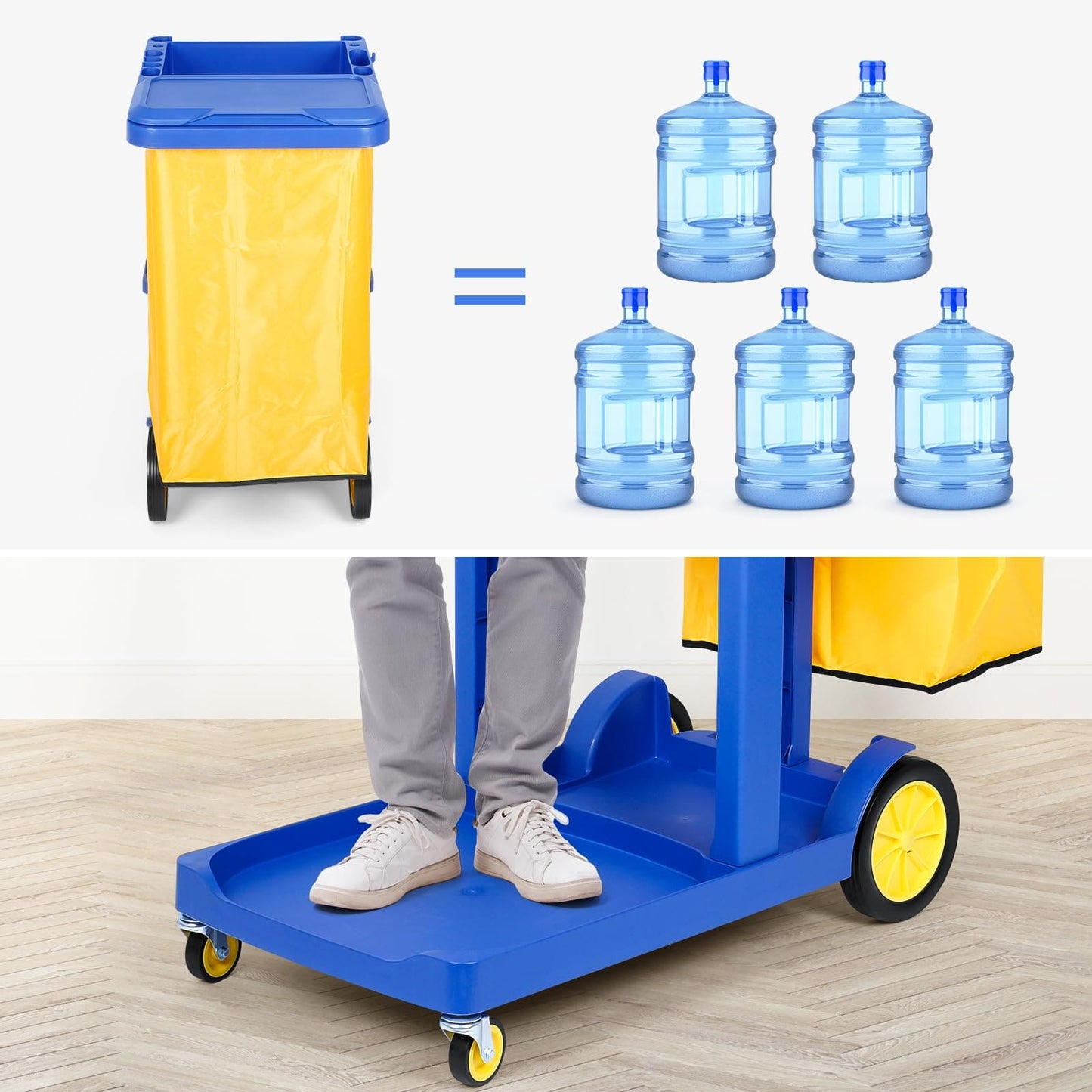 tonchean Commercial Janitorial Cart 3 Shelf, Housekeeping Janitor Cleaning cart, 200 Lbs Large Capacity Janitorial cart, Wheeled with 22 Gallon Yellow Vinyl Bag and Cover lid, Blue tonchean