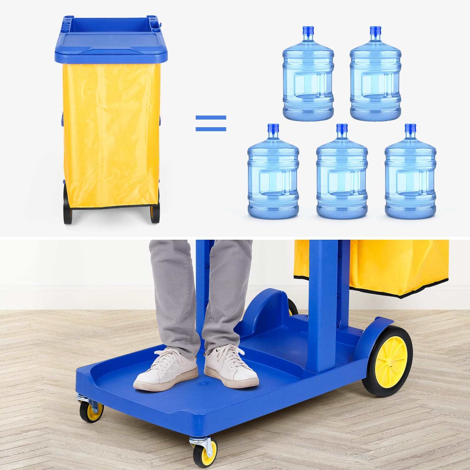tonchean Commercial Janitorial Cart 3 Shelf, Housekeeping Janitor Cleaning cart, 200 Lbs Large Capacity Janitorial cart, Wheeled with 22 Gallon Yellow Vinyl Bag and Cover lid, Blue tonchean
