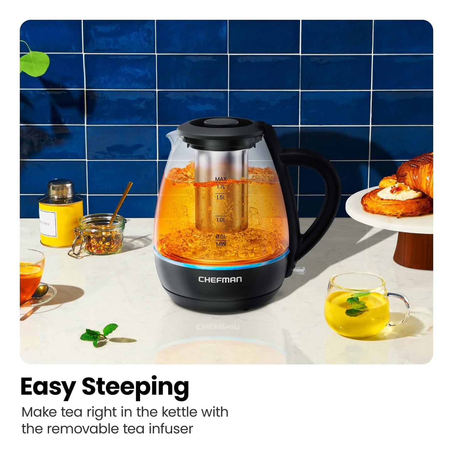 Chefman Electric Kettle with Tea Infuser, 1.7L 1500W, Removable Lid for Easy Cleaning, Boil-Dry Protection, Stainless Steel Filter, BPA Free, Auto Shut Off Hot Water Boiler, Glass Electric Tea Kettle EBUYSTT
