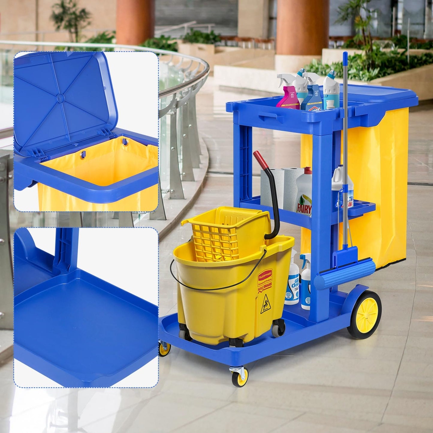 tonchean Commercial Janitorial Cart 3 Shelf, Housekeeping Janitor Cleaning cart, 200 Lbs Large Capacity Janitorial cart, Wheeled with 22 Gallon Yellow Vinyl Bag and Cover lid, Blue tonchean