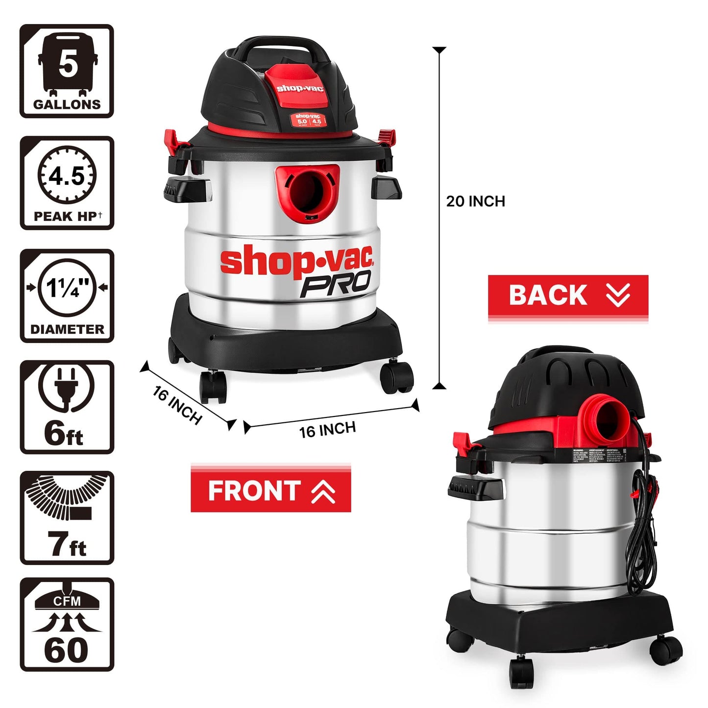 Shop-Vac 5 Gallon 4.5 Peak HP Wet/Dry Vacuum, Stainless Steel Tank, Portable Shop Vacuum with Filter, Hose and Accessories for Garage, Workshop. 5920588 Shop-Vac