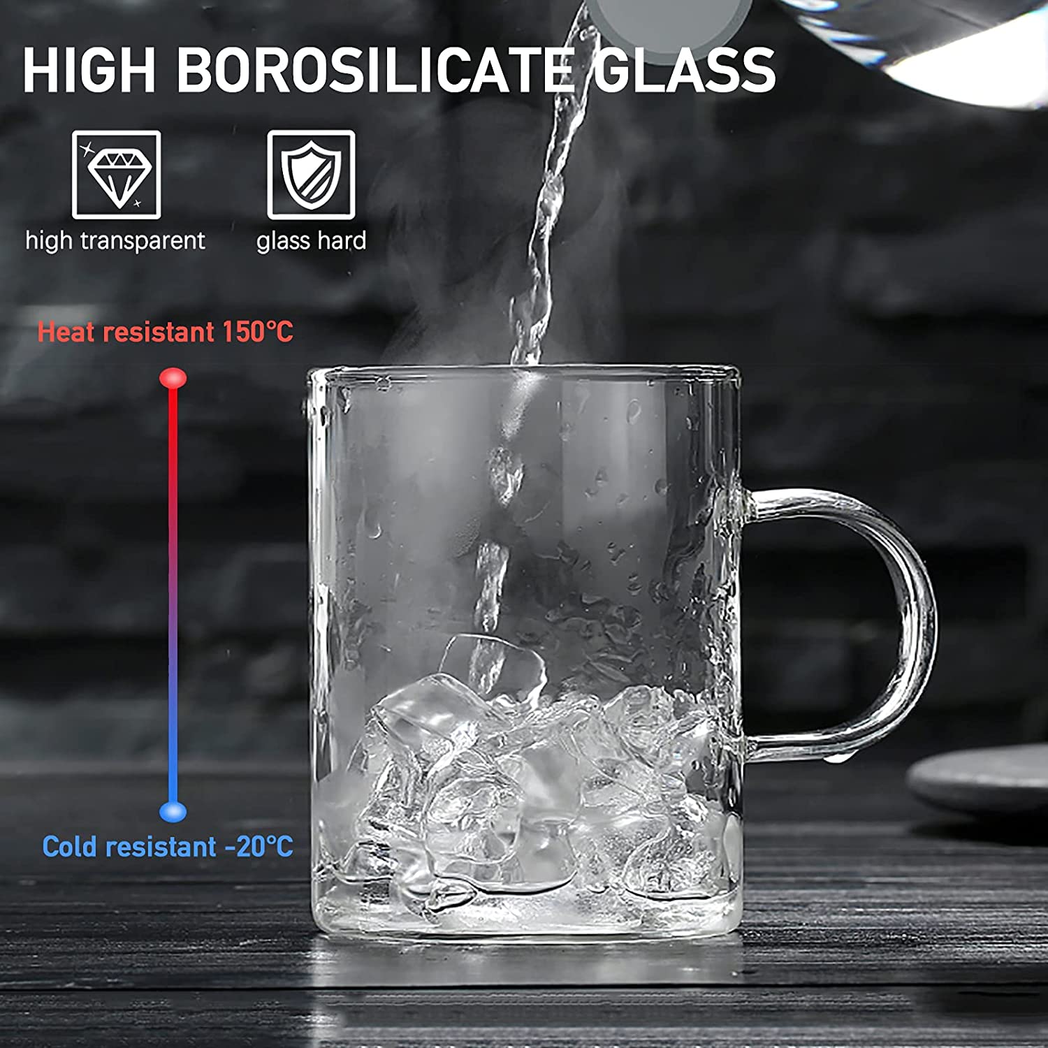 DEDEYA Set Of 2 Large Glass Coffee Mugs - 19oz/540ml Borosilicate, Wide Mouth, Heat Resistant