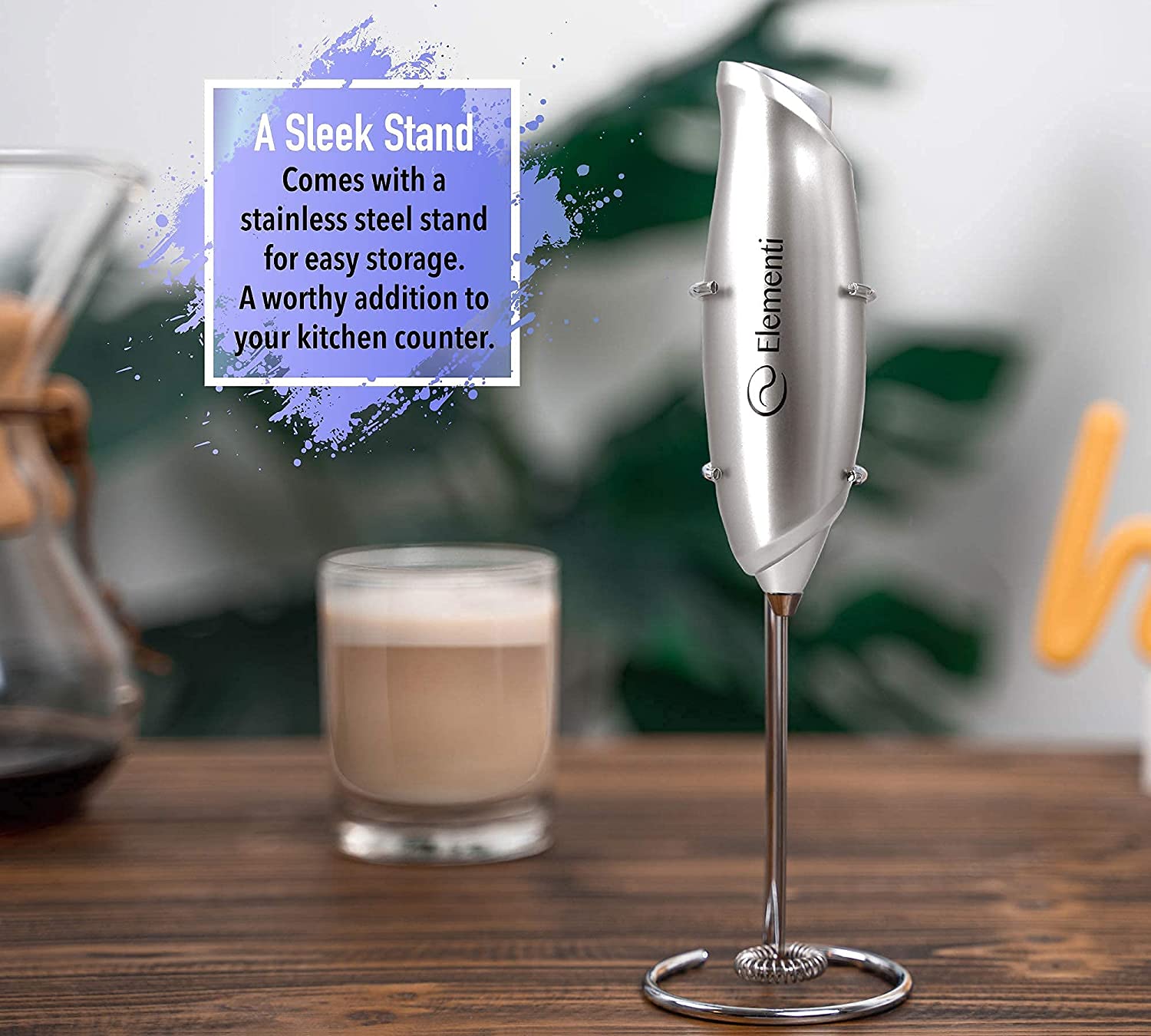 Elementi Electric Milk Frother Handheld, Matcha Whisk, Milk frother for Coffee Frother Electric Handheld Drink Mixer, Electric Mini Whisk Small Hand Mixer, Frappe Maker (Ultra Silver) - NESC-417ELE