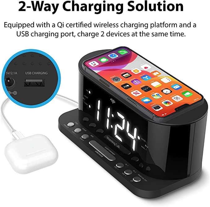 iLuv Morning Call 5 Qi-Certified Wireless Charging Bedside Digital Alarm Clock  Set up two alarms to accommodate different wake up schedules or share an alarm with your roommate-MORCAL5 Hannah's Variety Store