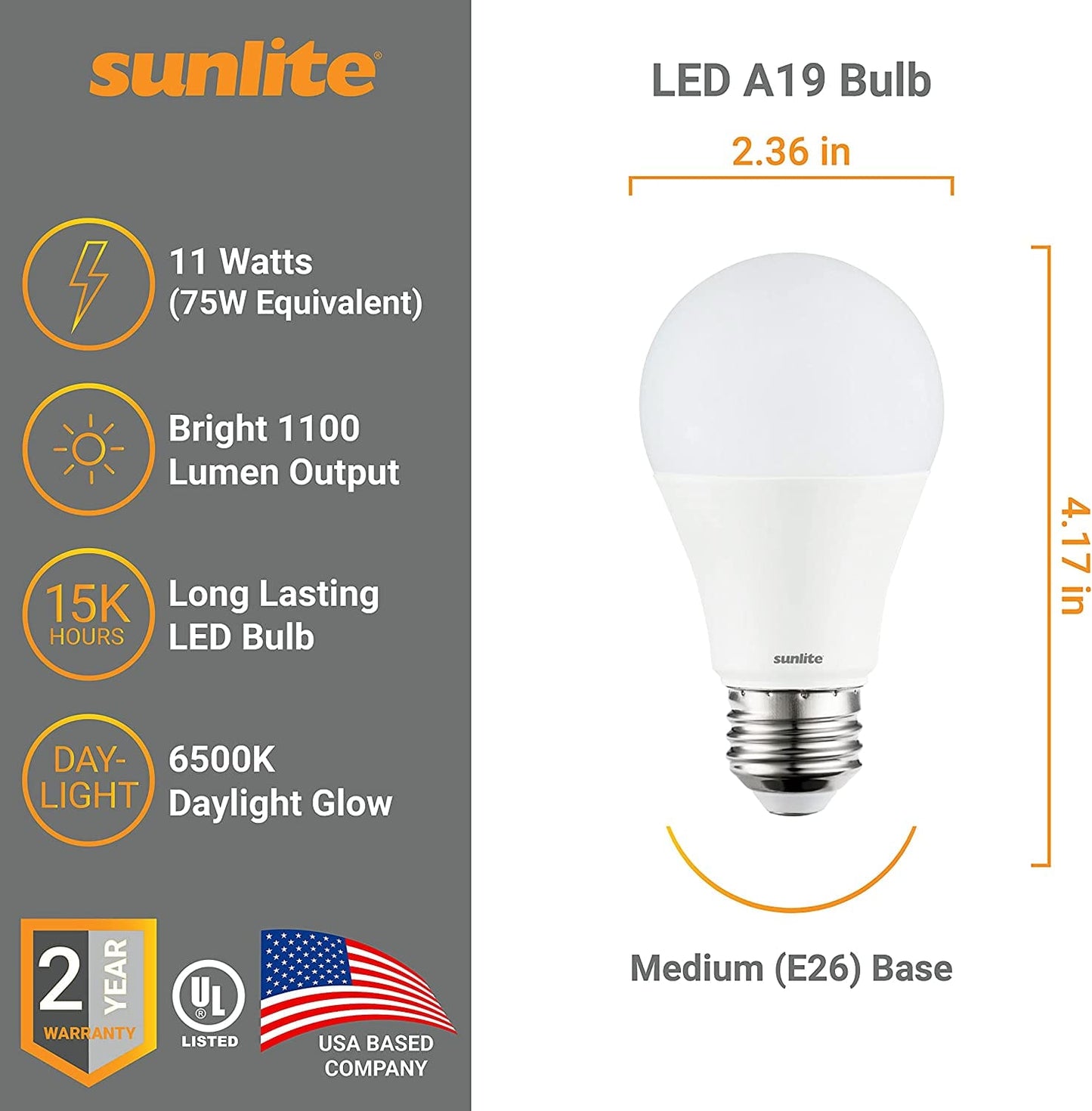 Sunlite LED Bulb 75 w  Upgrade to LED with this standard A19 shape household light bulb with medium base (E26). These non-dimmable bulbs are an energy efficient replacement for incandescent bulbs. At 11 watts, they use less energy  -80684 Hannah's Variety Store