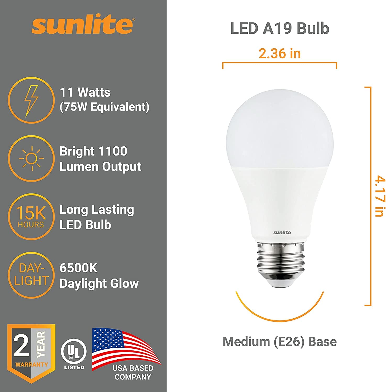 Sunlite LED Bulb 75 w  Upgrade to LED with this standard A19 shape household light bulb with medium base (E26). These non-dimmable bulbs are an energy efficient replacement for incandescent bulbs. At 11 watts, they use less energy  -80684 Hannah's Variety Store