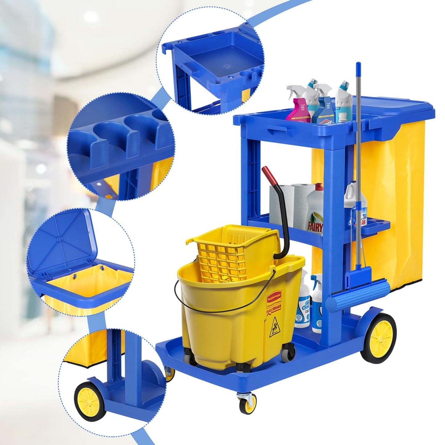 tonchean Commercial Janitorial Cart 3 Shelf, Housekeeping Janitor Cleaning cart, 200 Lbs Large Capacity Janitorial cart, Wheeled with 22 Gallon Yellow Vinyl Bag and Cover lid, Blue tonchean