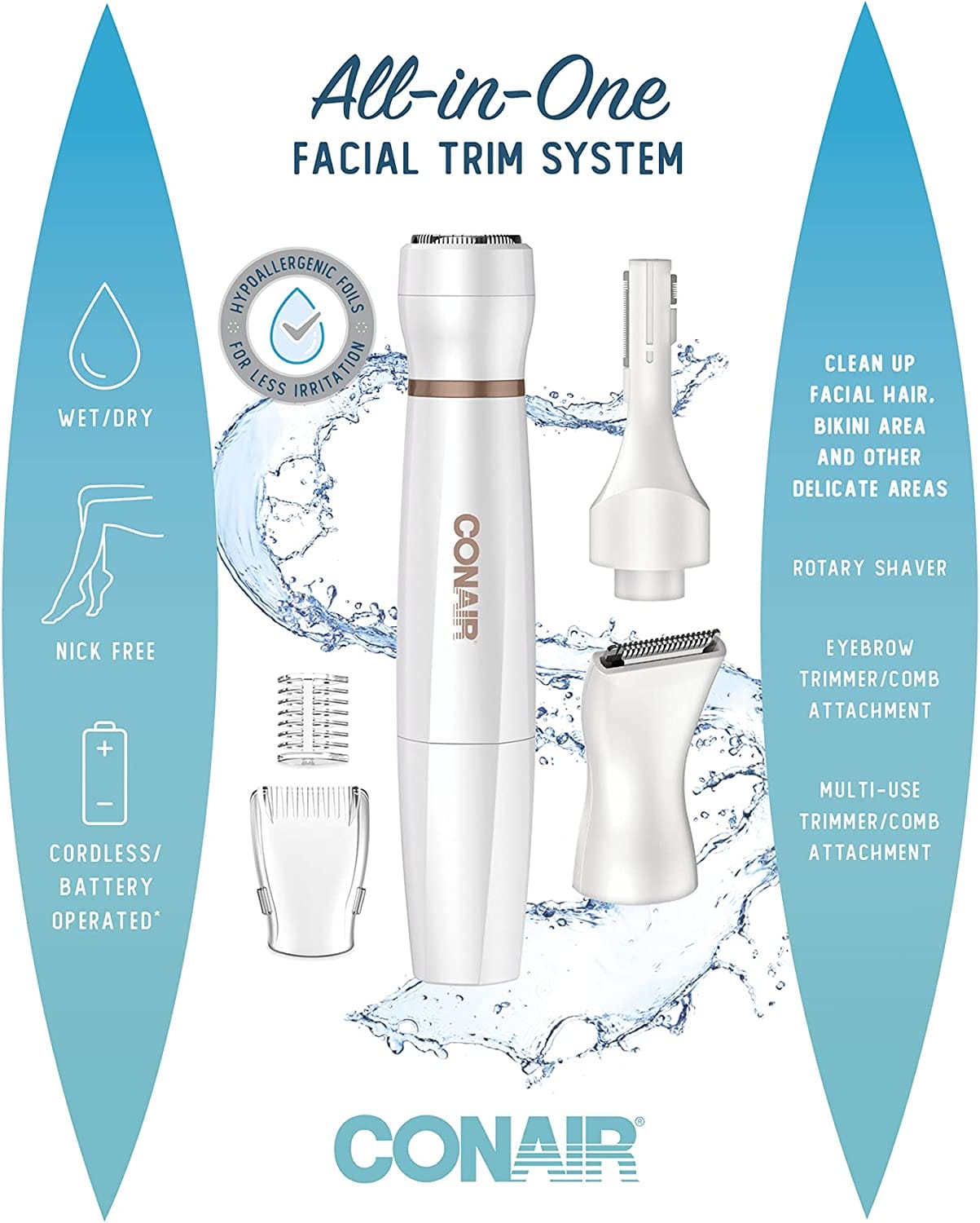 Conair Satiny Smooth All-in-One Facial Trim System, Battery Operated, Use Wet/Dry - LT85R Pie's Variety Store