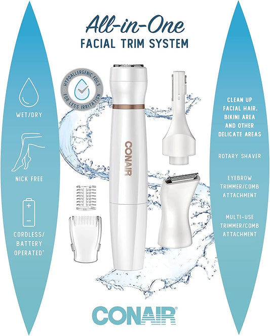 Conair Satiny Smooth All-in-One Facial Trim System, Battery Operated, Use Wet/Dry - LT85R Pie's Variety Store