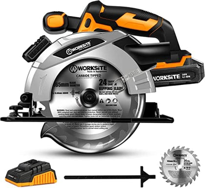Worksite Cordless Circular Saw 20V, 2.0AH Battery and FAST Charger. High-Performance Motor delivers 4000 RPM’s for aggressive cutting. 6-1/2″” Carbide Tooth Blade delivers a 2-1/8′ cutting capacity. - CCS334